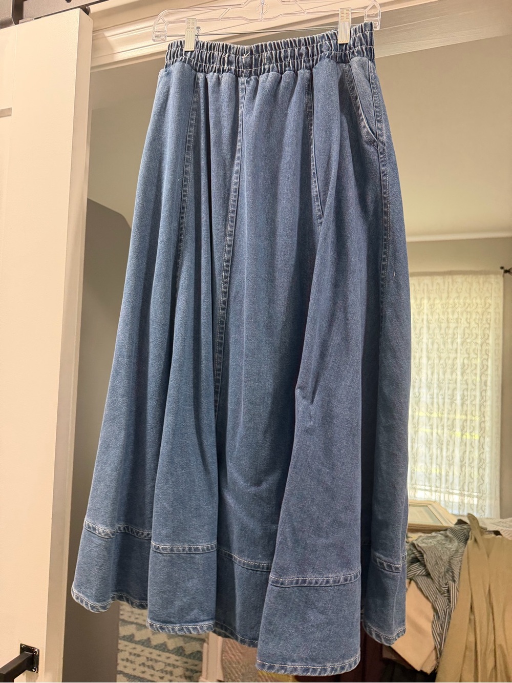 Blue Denim Maxi Skirt Elastic Waist Modest Long Skirt